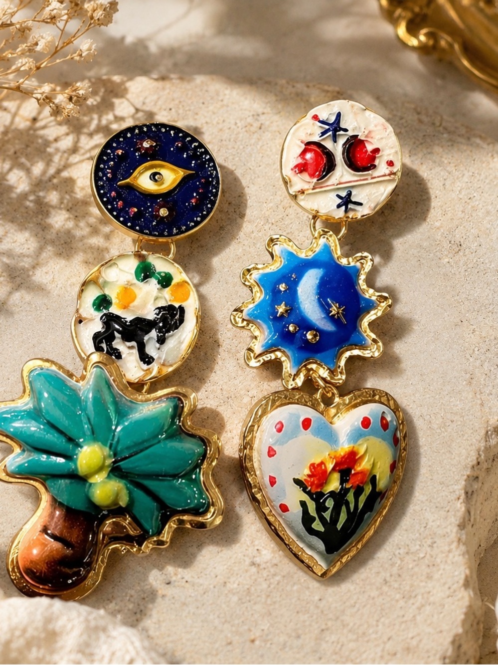 Eclectic Enamel Palm & Heart Drop Earrings - Multicolor
